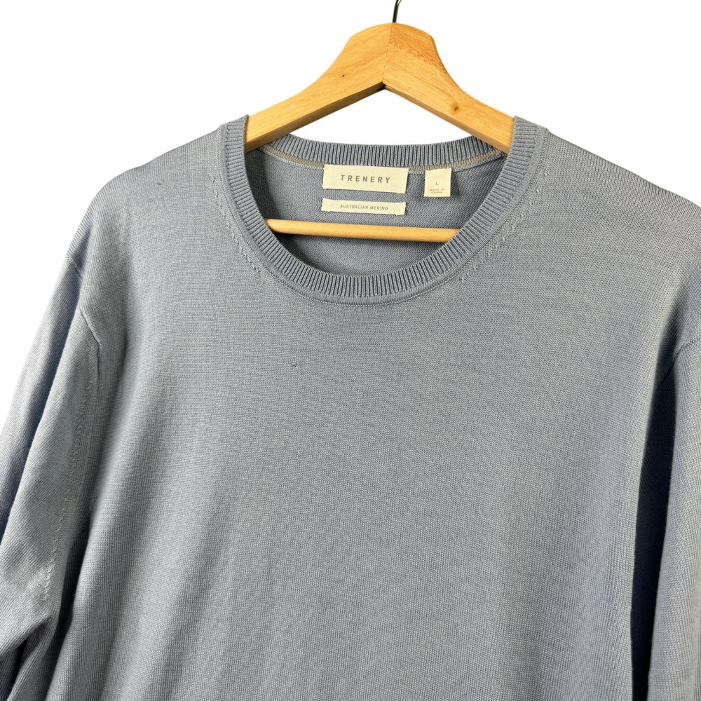 Trenery Mens Light Blue 100% Australian Merino Wool Crew Neck Sweater Size L